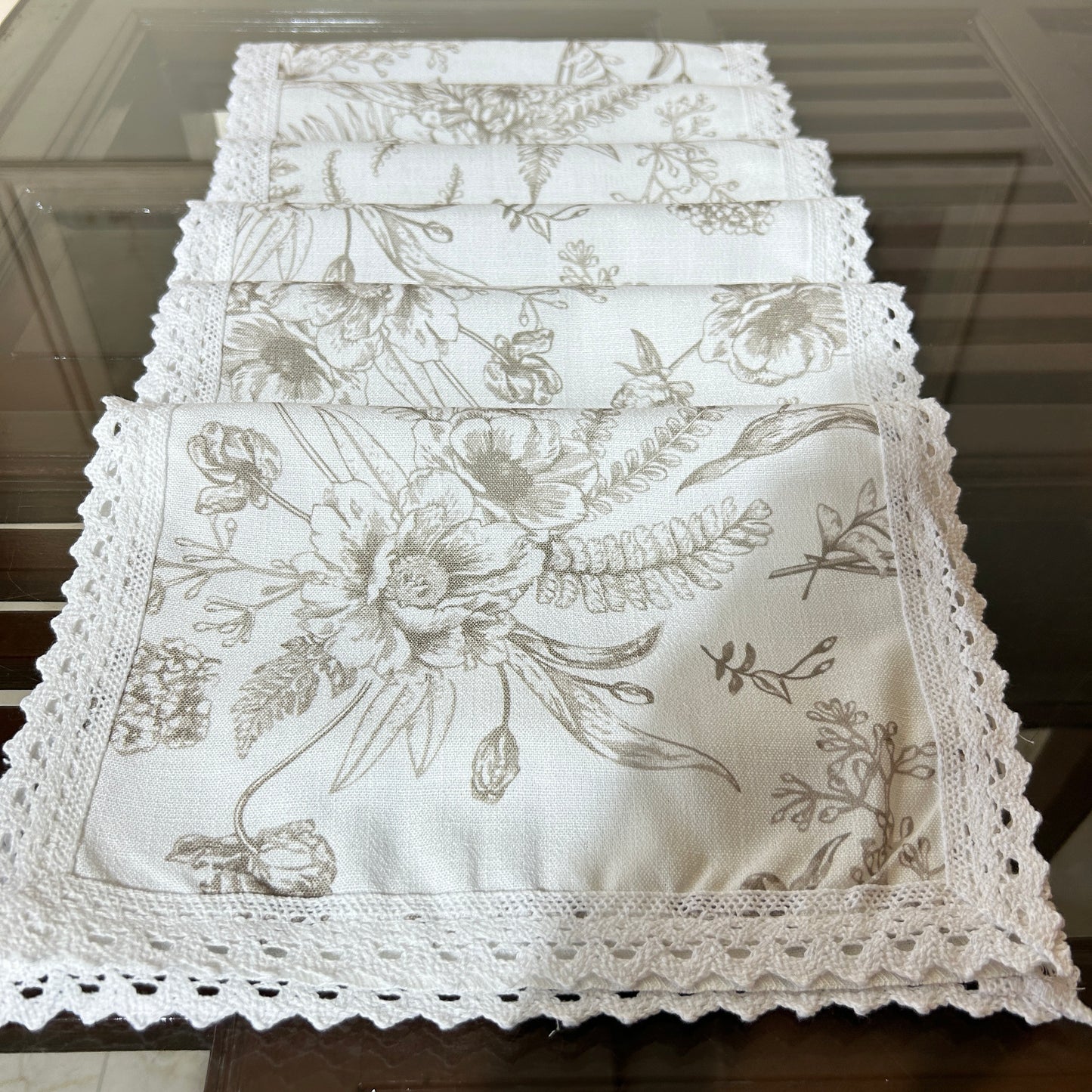 White and Beige Floral Table mat with White Crochet Lace
