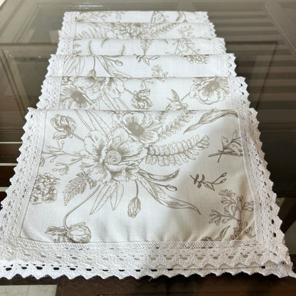 White and Beige Floral Table mat with White Crochet Lace