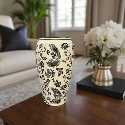 Elegant Black & White Ceramic Vase with Bird and Floral Design (Large)