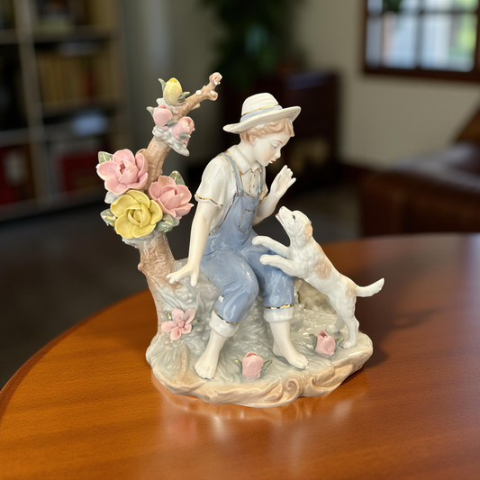 Fine Porcelain Boy with Dog Figurine – Handcrafted Decorative Showpiece