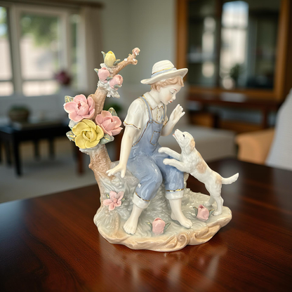 Fine Porcelain Boy with Dog Figurine – Handcrafted Decorative Showpiece