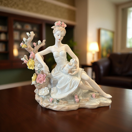 Graceful Porcelain Lady Figurine with Rabbit and Flowers – Handcrafted Collectible