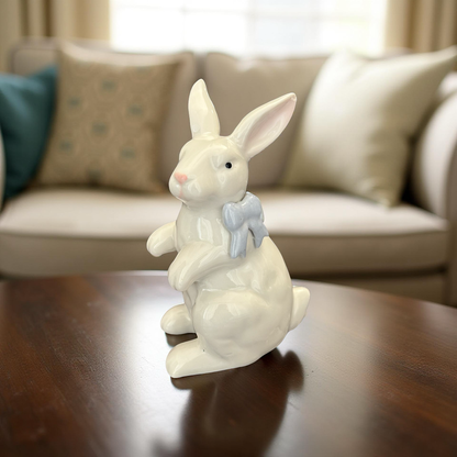 Ceramic Bunny Figurines with Bows – White Porcelain Rabbit Decor (Set of 2)