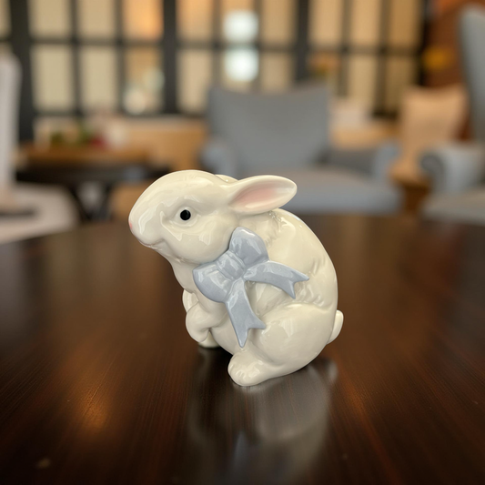 Delightful Ceramic Bunny Figurine with Blue Bow