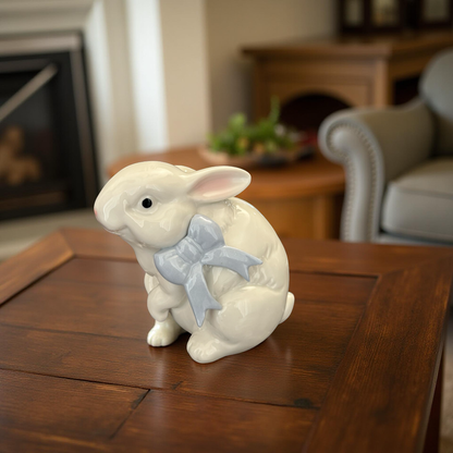 Delightful Ceramic Bunny Figurine with Blue Bow