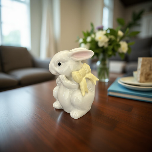 Delightful Ceramic Bunny Figurine with Yellow Bow