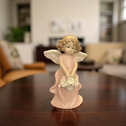 Elegant Ceramic Angel Figurine in Pink Dress with White Roses