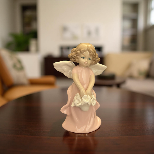 Elegant Ceramic Angel Figurine in Pink Dress with White Roses