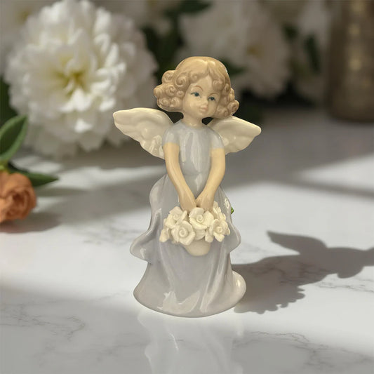 Porcelain Angel Figurine in Grey – Holding Flower Basket