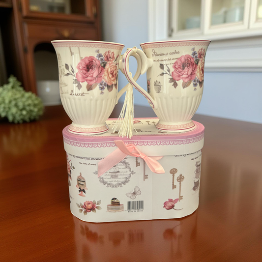 Floral Ceramic Tea & Coffee Mug Set with Gift Box - 2 Piece Set