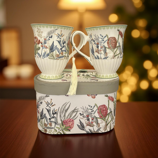 Botanical Floral Ceramic Mug Set with Gift Box - 2 Piece Set