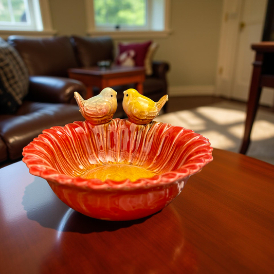 Ceramic Songbird Decorative Bowl – Handglased Fluted Dish with Perched Bird Figurines