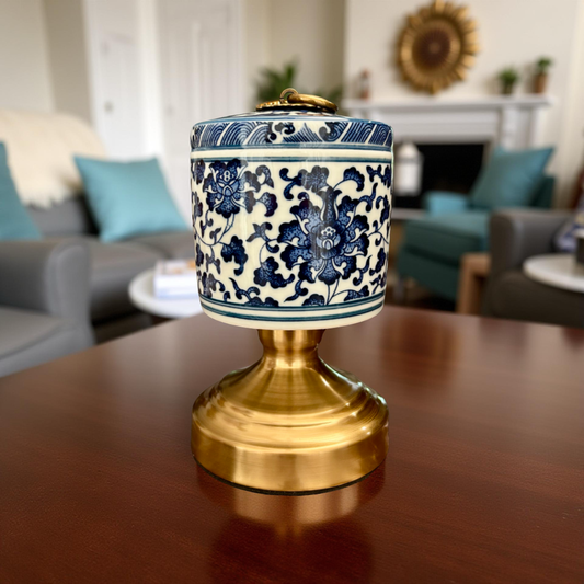 Luxury Blue & White Ceramic Jar with Brass Stand – Oriental Style Home Decor