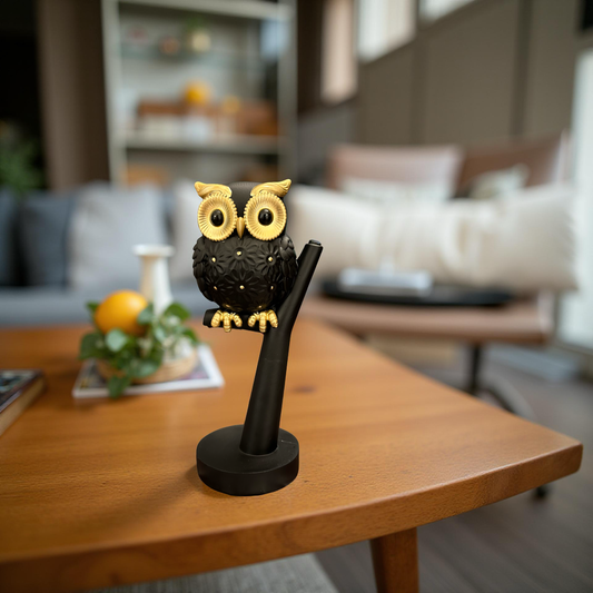 Elegant Black & Gold Owl Figurine on Branch – Modern Tabletop Decor