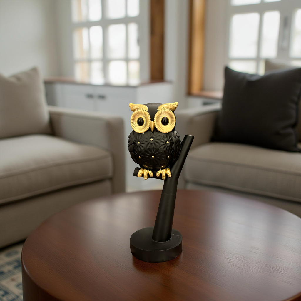 Elegant Black & Gold Owl Figurine on Branch – Modern Tabletop Decor