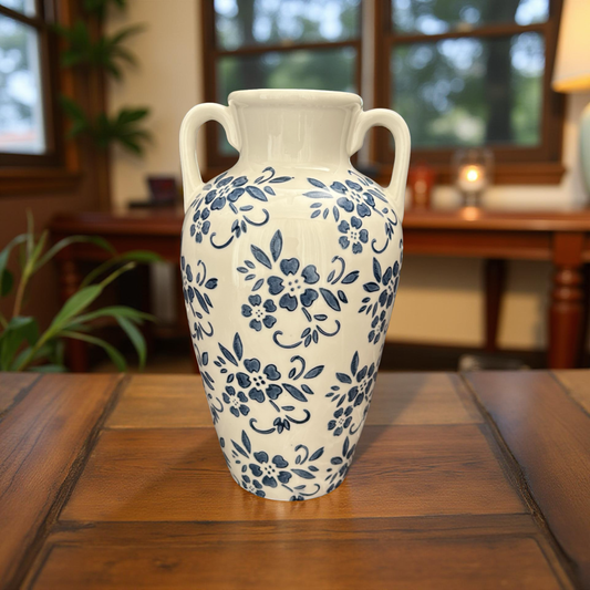 Classic Elegant Blue Floral Ceramic Vase with Handles