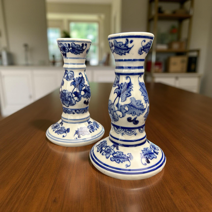 Elegant Blue & White Ceramic Candle Stand – Small