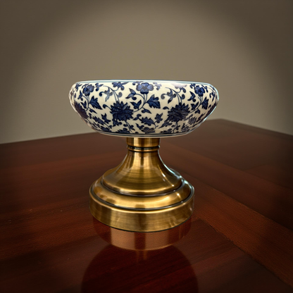 Blue Floral Ceramic Decorative Bowl on Brass Stand – Luxury Oriental Collection