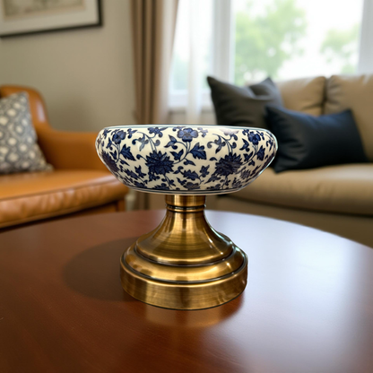 Blue Floral Ceramic Decorative Bowl on Brass Stand – Luxury Oriental Collection