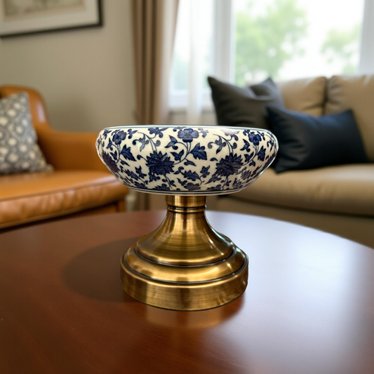 Blue Floral Ceramic Decorative Bowl on Brass Stand – Luxury Oriental Collection