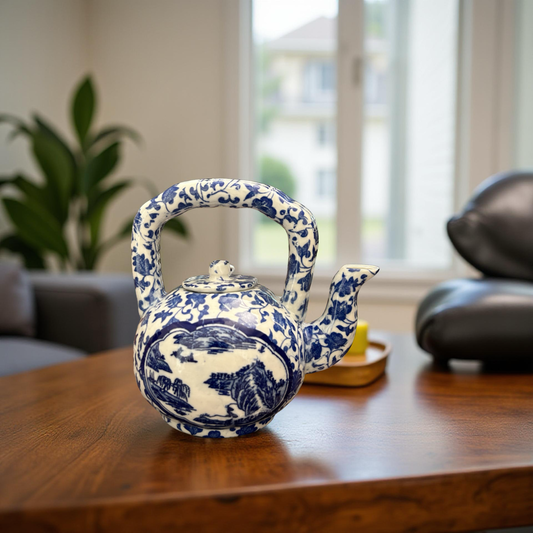 Oriental Blue & White Ceramic Teapot – Handcrafted Decorative Pottery