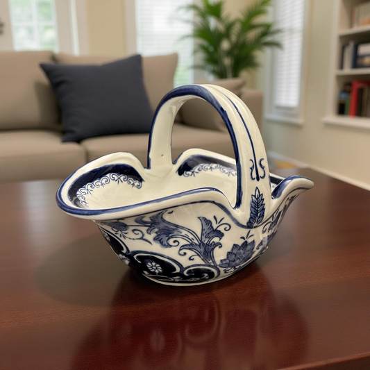 Oriental Handcrafted Blue & White Ceramic Decorative Basket