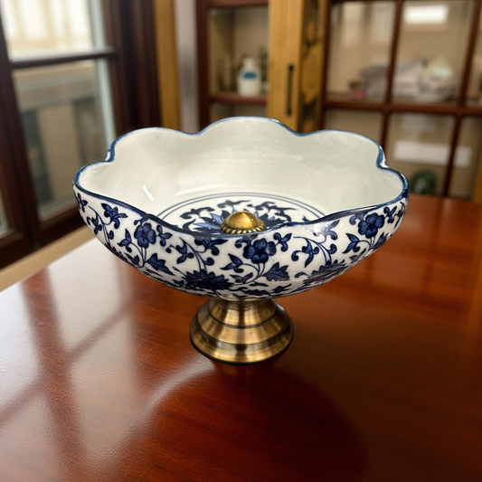 Oriental Blue and White Ceramic Pedestal Bowl with Brass Base