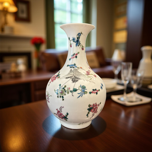 Handcrafted Ceramic Vase with Floral & Bird Design – Elegant Home Décor Showpiece