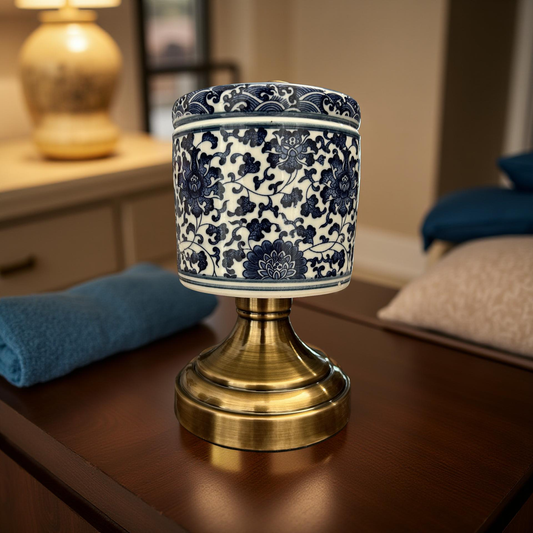Blue & White Ceramic Jar with Brass Stand – Luxury Home Décor Accent