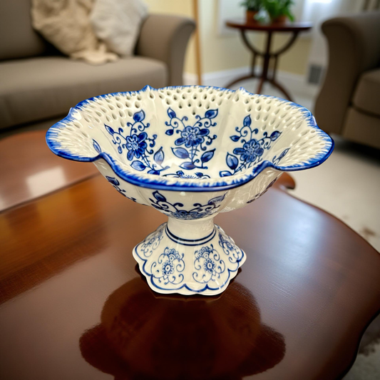 Oriental Blue & White Ceramic Pedestal Bowl – Handcrafted Decorative Fruit Bowl & Table Centerpiece