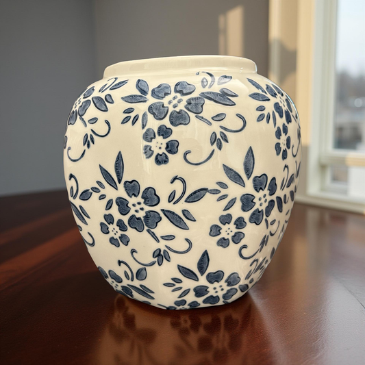 Blue & White Ceramic Vase with Floral Design – Decorative Home Décor Accent