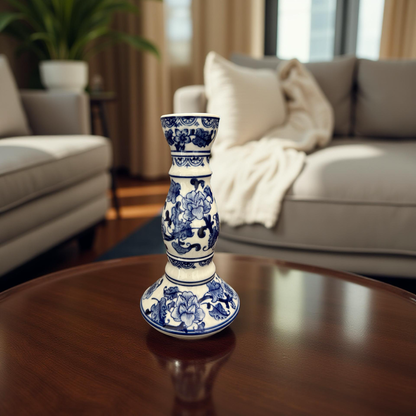 Elegant Blue & White Ceramic Candle Stand – Medium