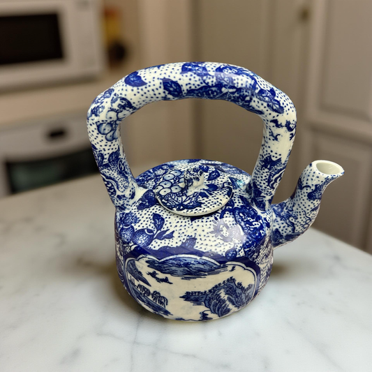 Oriental Blue & White Ceramic Teapot – Handcrafted Vintage Decorative Accent