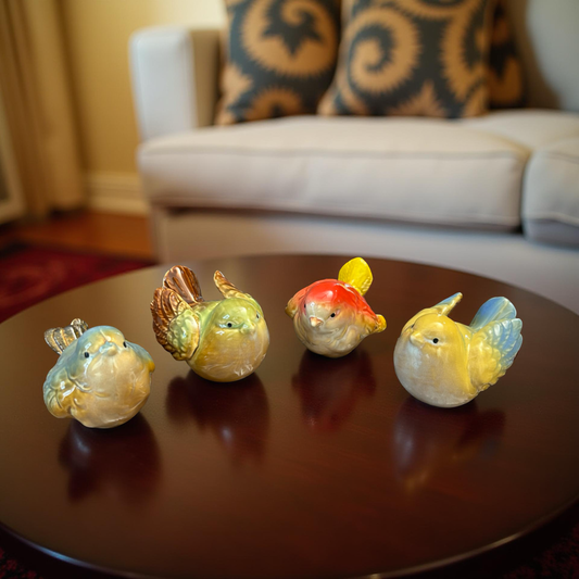 Set of 4 Colorful Ceramic Songbirds Figurines – Handcrafted Home Décor Showpieces