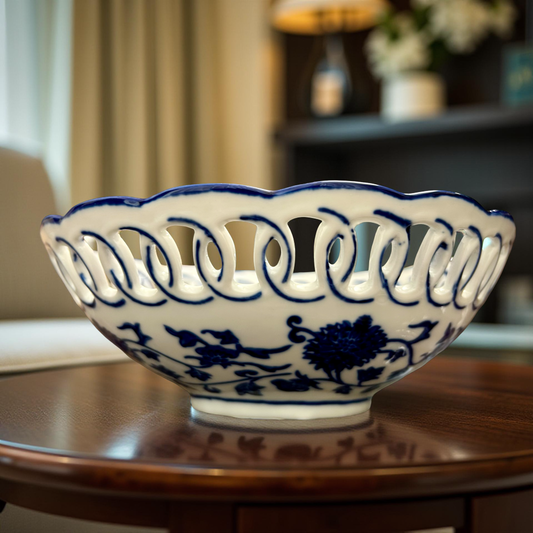 Oriental Blue & White Ceramic Decorative Plate with Cutwork