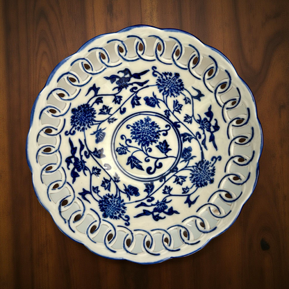 Oriental Blue & White Ceramic Decorative Plate with Cutwork