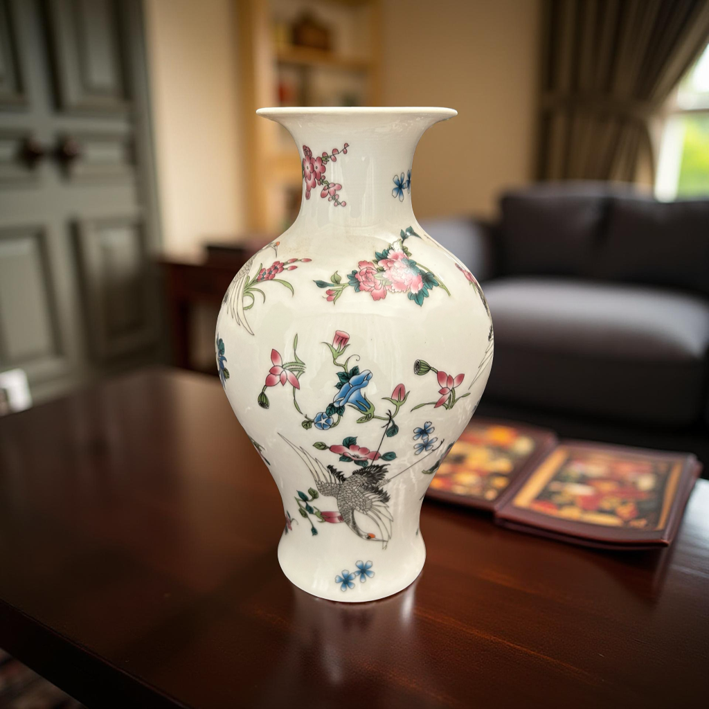 Handcrafted Ceramic Vase with Floral & Bird Motifs – Elegant Decorative Showpiece