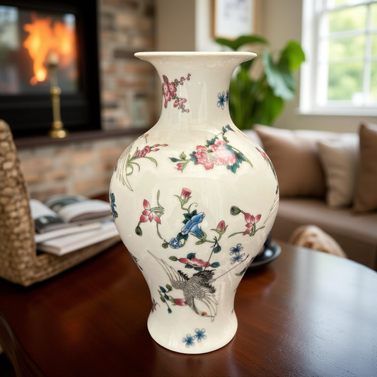 Handcrafted Ceramic Vase with Floral & Bird Motifs – Elegant Decorative Showpiece