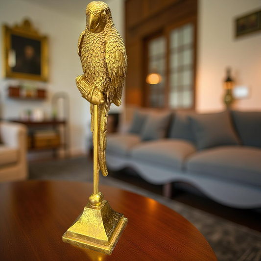 Golden Parrot Figurine on Pedestal – Luxury Decorative Showpiece for Home & Office