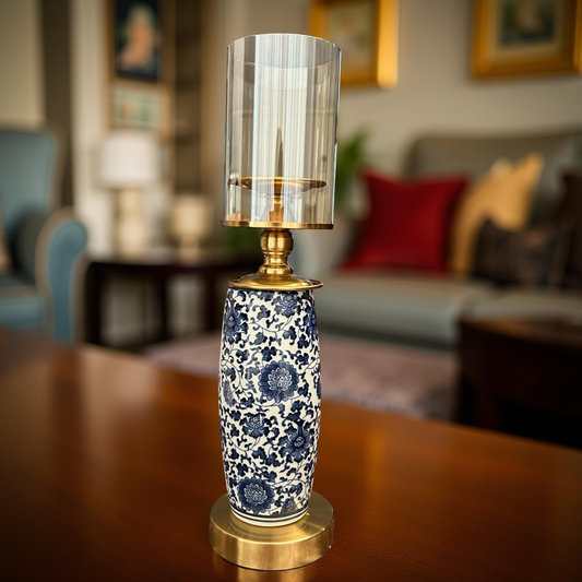 Oriental Blue & White Ceramic Candle Holder with Brass & Glass – Luxury Home Décor