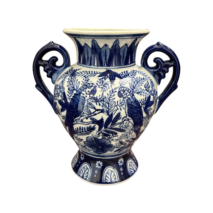 Oriental Blue & White Ceramic Two-Handled Vase with Bird & Floral Design – Handcrafted Decorative Showpiece