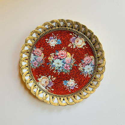 Red Floral Decorative Plate with Golden Rim – Luxury Table & Wall Décor
