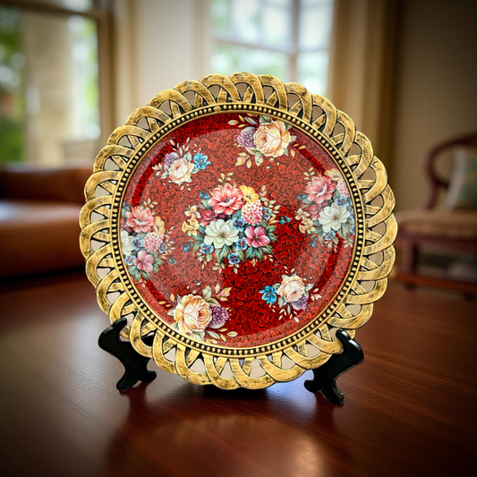 Red Floral Decorative Plate with Golden Rim – Luxury Table & Wall Décor