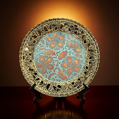 Turquoise Floral Decorative Plate with Ornate Golden Rim – Luxury Table & Wall Décor