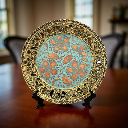 Turquoise Floral Decorative Plate with Ornate Golden Rim – Luxury Table & Wall Décor