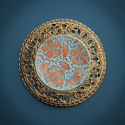 Turquoise Floral Decorative Plate with Ornate Golden Rim – Luxury Table & Wall Décor