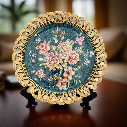 Floral Decorative Plate with Golden Rim – Luxury Table & Wall Décor Accent