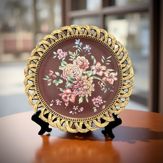 Maroon Floral Decorative Plate with Golden Rim – Elegant Table & Wall Décor