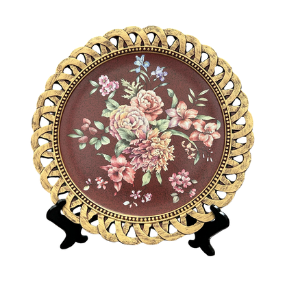 Maroon Floral Decorative Plate with Golden Rim – Elegant Table & Wall Décor
