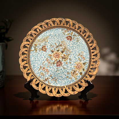 Light Blue Floral Decorative Plate with Golden Rim – Luxury Table & Wall Décor